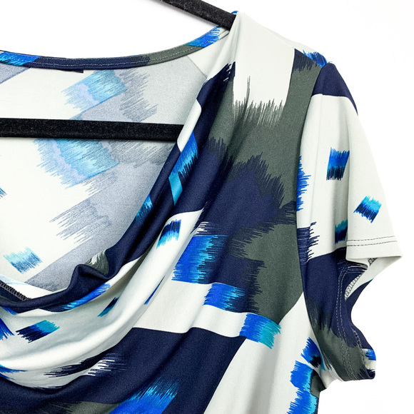 Grey Black & Blue Patterned Cowl Neck Blouse - Picture 5 of 9